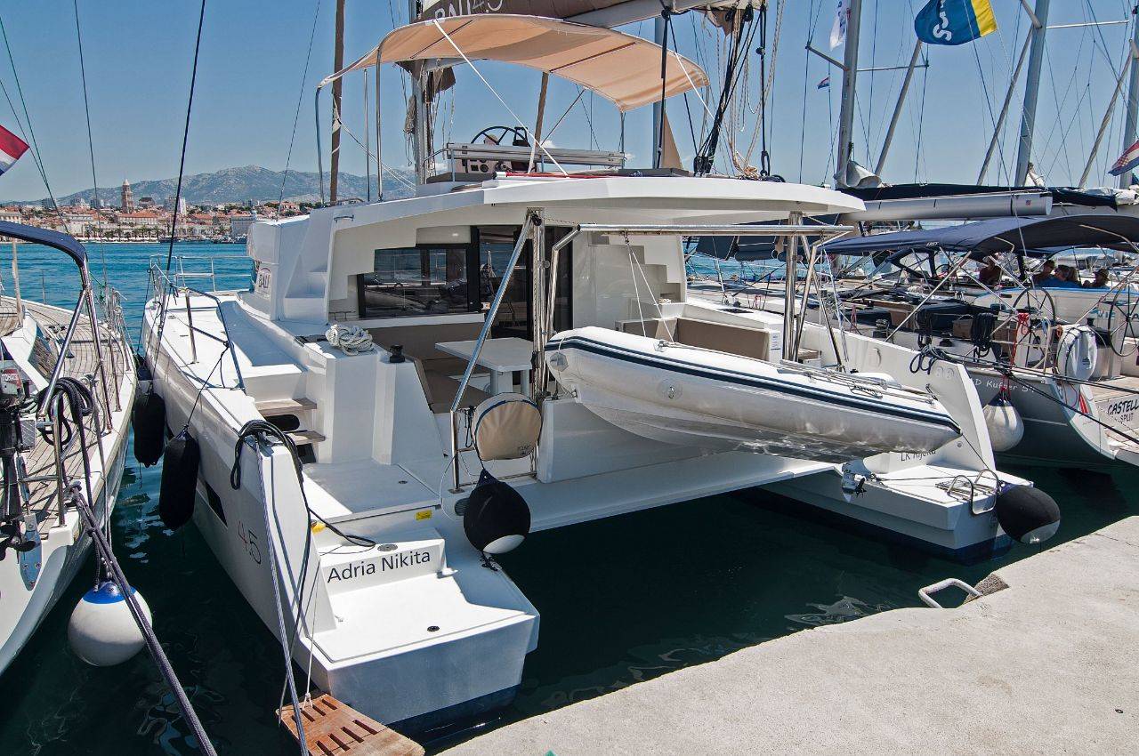 Catamaran Bali 4.5 Adria Nikita for bareboat charter in ACI marina Split in Croatia